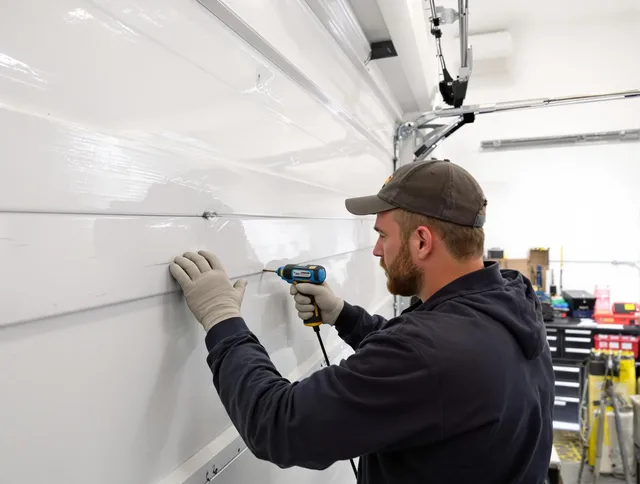 Berea Garage Door Repair technician demonstrating precision dent removal techniques on a Berea garage door