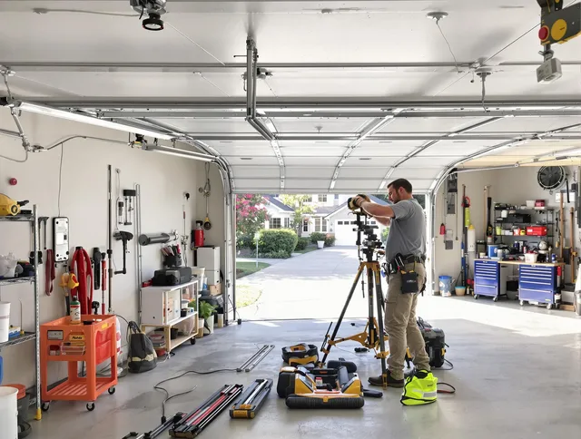 Berea Garage Door Repair specialist performing laser-guided track alignment in Berea